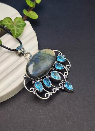 Підвісок лабрадор овал та топаз крапля. підвіс з лабрадору та топазу. кулон лабрадор. індія.