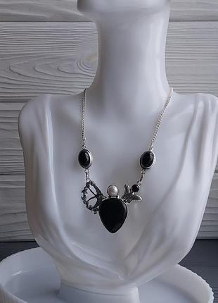 Черный оникс жемчуг ожерелье с ониксом и жемчугом в серебре индия!