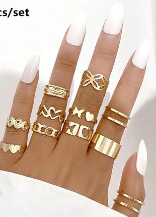 11 шт, комплект каблучок золотистого кольору