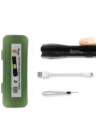Ліхтарик тактичний акумуляторний ручний watton wt-039 з акумулятором usb і функцією powerbank