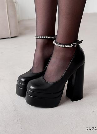 Туфли женские черные на высоком каблуке / черные туфли экокожа / туфли с камушками / туфли со стразами