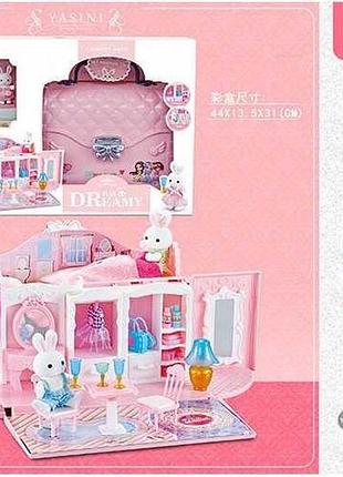 Домик сумочка кукольный 2 этажа, 2 флоксовых кролика, аксессуары