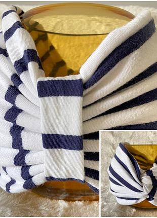 Двухсторонняя хлопковая повязка-чалма-бант белая в синюю полоску (высота 17.5 см)