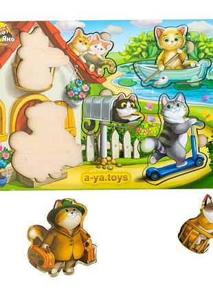 Дерев'яний пазл-вкладиш "котики - 1" ubumblebees (псд140) psd140 з будиночком