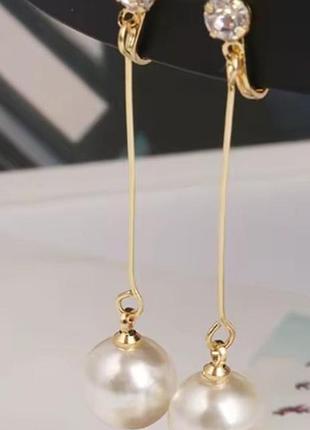 Длинные клипсы (без прокола) серьги сережки металл пр-во корея жемчуг камень