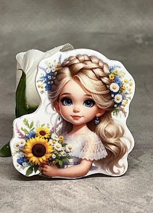 Серединка для бантиков (декор, пластик) девочка с букетом , размер 3,8*4 см, арт 019085, 1 шт., ассорти