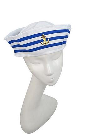 Шапочка бескозырка белая моряк с синими полосками карнавальная