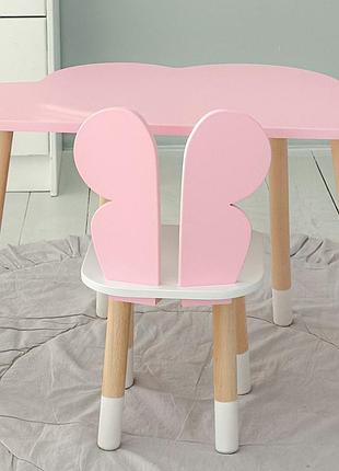 Стол облачко 46х70х40 и стульчик бабочка 26.5х26х25, детский столик и стул для рисования/занятий, розовый с белым