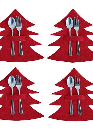 Новогодние чехлы для столовых приборов елочки 4 штуки 20 на 20 см красный