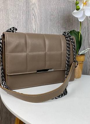 Женская мини сумочка клатч черная стеганная, сумка на плечо эко кожа белый мокко