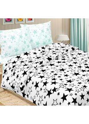 Постельное белье поплин звезды черные с бирюзой семейный