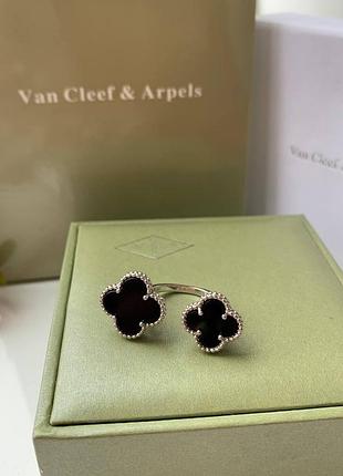 Клевер черное двойное кольцо, стиль ван клиф, покрытие серебро, белое золото au 750