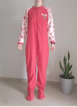 Кенгуруми теплая пижама из флиса ромпер 16-18 размер новогодний принт снежинки олень