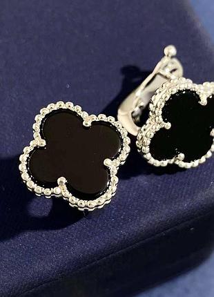 Ван клиф черные сережки на английском замочке / покрытие серебро, белое золото au 750