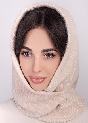 Женская двойная эко ангора косынка -капюшон бежевый