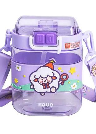 Бутылка для воды детская с трубочкой и ремешком 560 мл бутылочка для питья в школу 15 см фиолетовая hp-14-36v