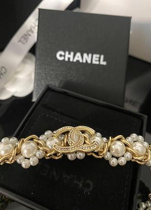 Шанель колье витое из мелкого жемчуга / брендовый чокер позолота, жемчуг / колье стиль шанлеь