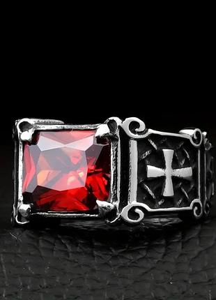 Каблучка з червоним каменем та хрестами, розмір 19,20, 21