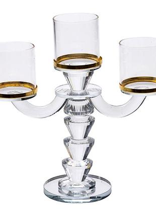 Канделябр на 3 свічки 23×9×23.5 см підсвічник скляний декоративний із золотою окантовкою hp-4-35