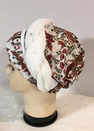 Летний тюрбан-бандана-шапка-косынка-чалма лён хлопок лён белый с бордовым