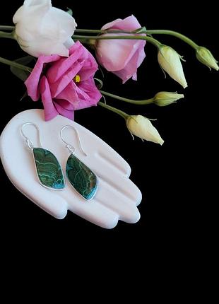 Сережки азурит малахіт. кульчики з азуриту малахіту. азурит малахіт в сріблі. індія.