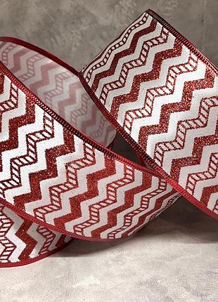 Лента новогодняя - ткань (атлас), 6,3 см, красный, металлический край, 1 метр, арт 019504, красный