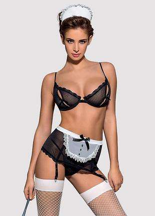 Еротичний костюм покоївки obsessive maidme set 5pcs l/xl, бюстгальтер, пояс з фартухом, панчохи, стр