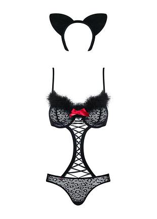 Еротичний костюм гепарду obsessive gepardina 3 pcs costume s/m, чорний, хутряне оздоблення, монокіні 5