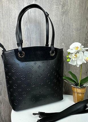 Женская сумка с замшевой вставкой черная стиль луи витон