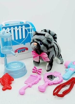 Интерактивная игрушка yi wu jiayu котик в переноске "plush pet" серый (13 см) 810-105-1