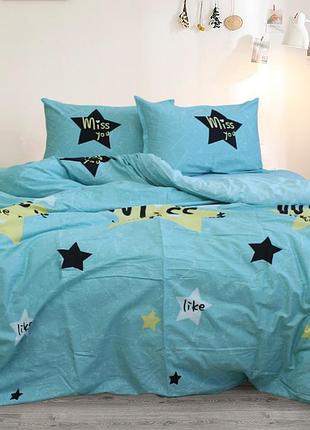Комплект постельного белья двуспальный 180*220 сатин люкс ярко голубой звезды с надписями s380 семейный