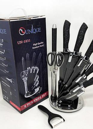 Набор ножей unique un-1831, 9 предметов, с подставкой, нержавеющая сталь, с овощечисткой