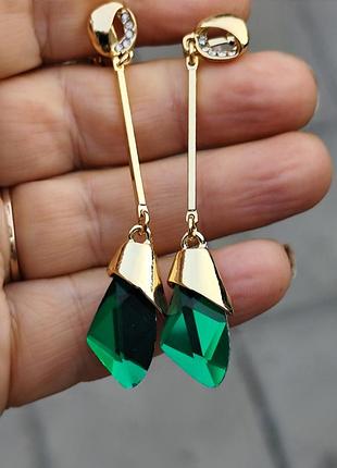 Длинные клипсы серьги сережки (без прокола) зелёные камни