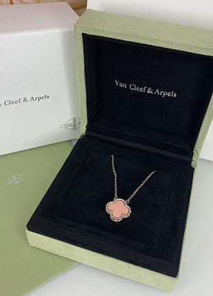 Подвеска цепочка ванклиф, розовый клевер, покрытие белым золотом au 750