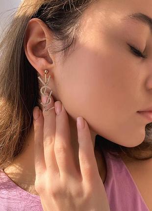Брендовые серьги в стиле сен лоран, россыпь циркония, позолота 18 к