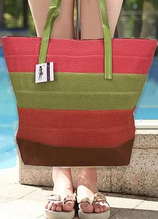 Пляжная сумка резинка салатовая с розовым 45х36х16 см