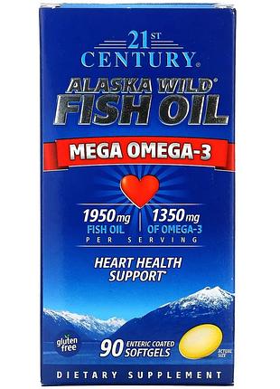 21st century, жир із дикої аляскинської риби, мегаомега-3, 1950 мг/1350 мг, 90 капсул, покритих