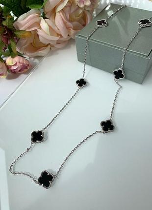 Клевер длинная подвеска ван клиф в белом золоте au 750, черный клевер (10 клеверов)