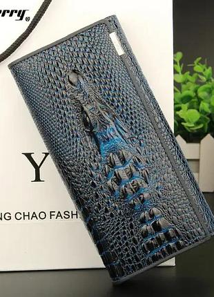 Кожаный женский кошелек крокодил, женский клатч-кошелек с крокодилом натуральная кожа синий