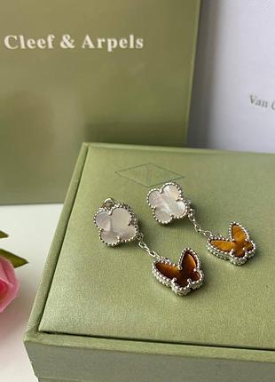 Брендові сережки ван кліф англійською замочку/підвіска метелик/покриття білим золотом au 750