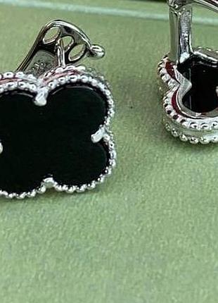 Ван клиф сережки 1. 5 см на английском замочке черные под агат, покрытие серебро, белое золото au 750