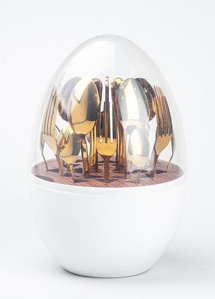 Набір столових приладів золотих на 6 персон із нержавіючої сталі 24 штуки з підставкою "яйце" білий ve-33