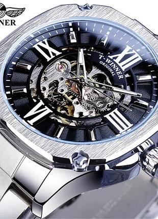 Качественные мужские механические часы winner gmt-1159 gold золото,наручные часы виннер скелетон 2022 серебро с черным