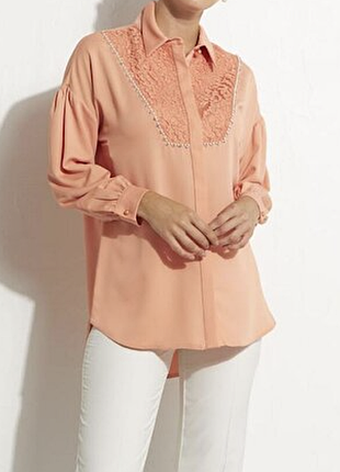 Блуза блузка шелковая воздушная с шифоновыми рукавами и коралловыми розочками 42 44