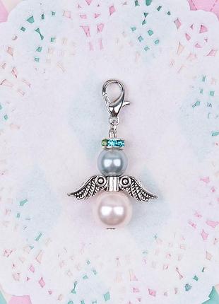 Подвеска-брелок ангел, цинковый сплав + акрил, цвет: серебряный тон + розовый + серый, 41 мм x 23 мм