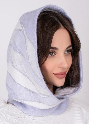 Женская двойная ангоровая косынка-капюшон-капор голубой серебро