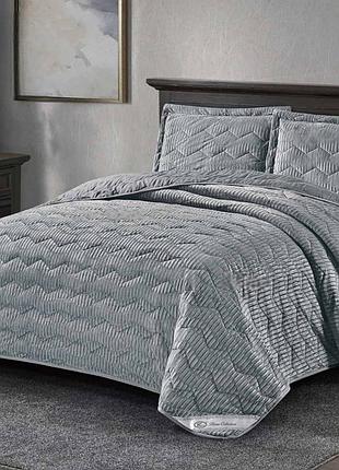 Покрывало велюровое стеганое евро koloco "зигзаг" 220 х 240 см + 2 наволочки (42621) серый
