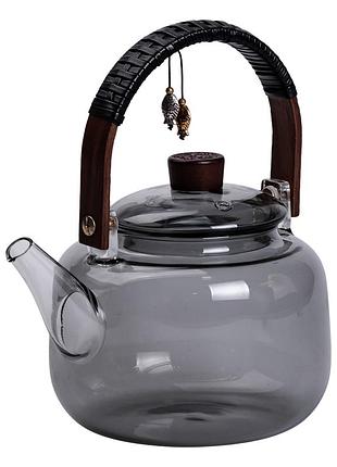 Заварник стеклянный для чая 0.8 л чайник для заваривания с деревянной ручкой черный hp-34-37