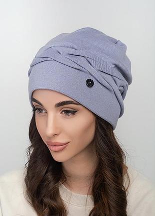 Жіноча шапка тюрбан із драпірованою прикрасою з флісом сіро-блакитний