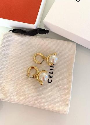 Селин серьги под золото с большой жемчужиной/ брендовые серьги селин / celine сережки с жемчугом